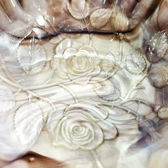 Imperial Vintage Purple Slag Glass Bowl Embossed Rose Design Ruffle Edge 9" wide - Picture 4 of 12